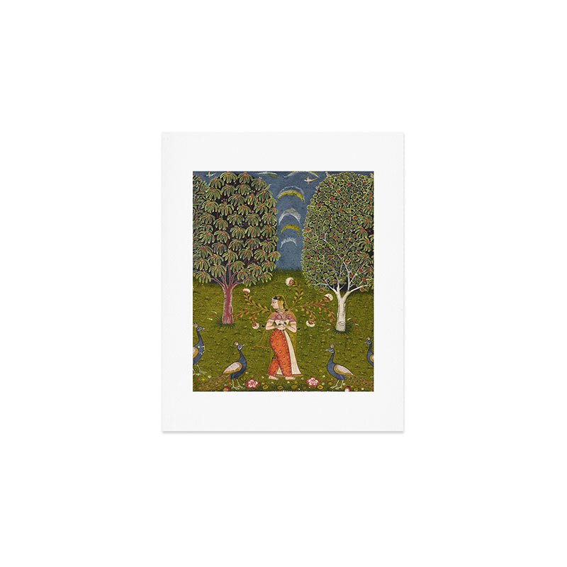 Indian Miniature Painted Illustration Princess In the Peacock Garden Floral Pose Art Print Gallery Image 1