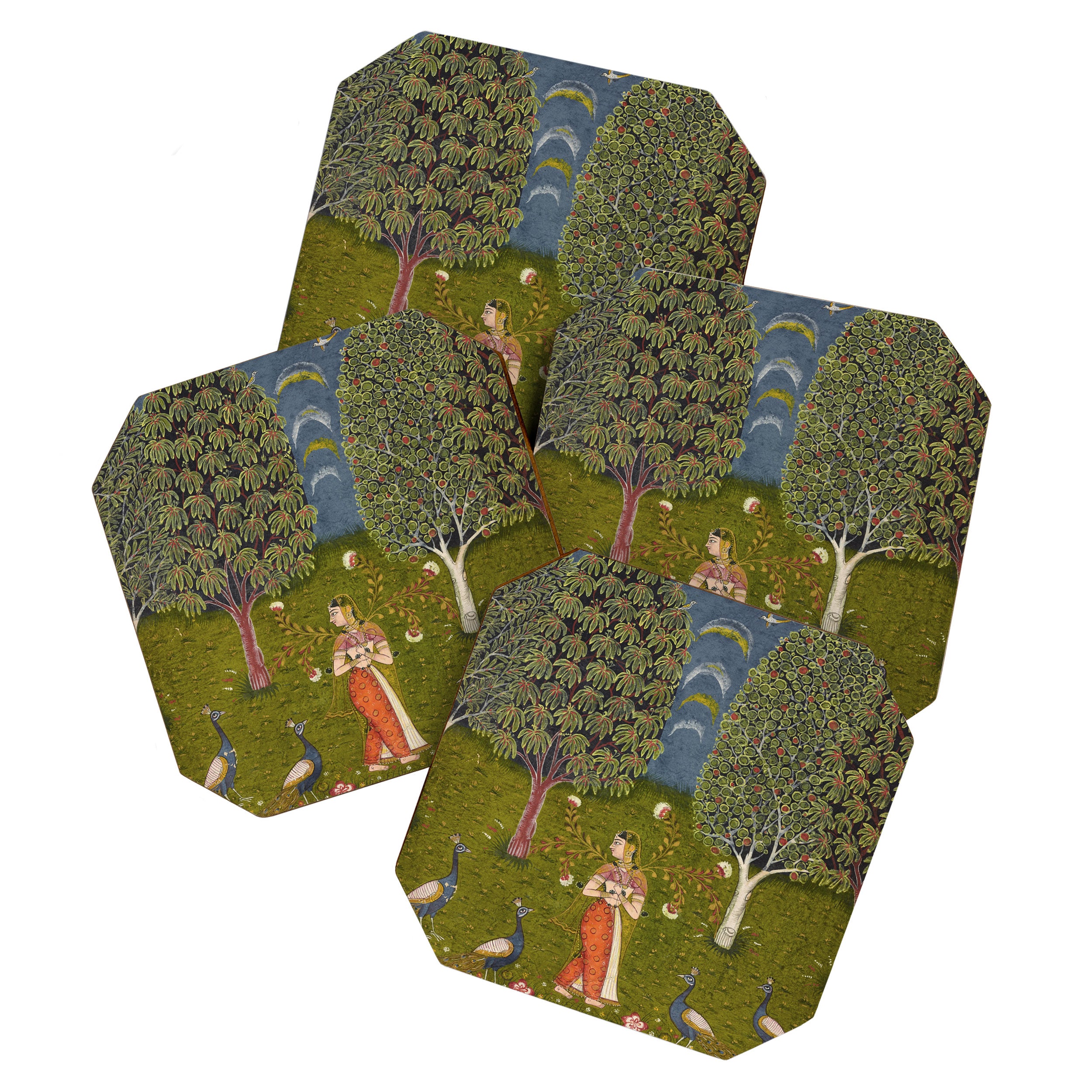 Indian Miniature Painted Illustration Princess In the Peacock Garden Floral Pose Coaster Gallery Image 1