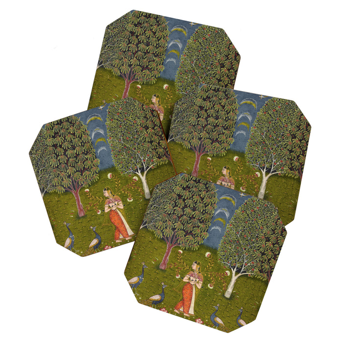 Indian Miniature Painted Illustration Princess In the Peacock Garden Floral Pose Coaster Gallery Image 1