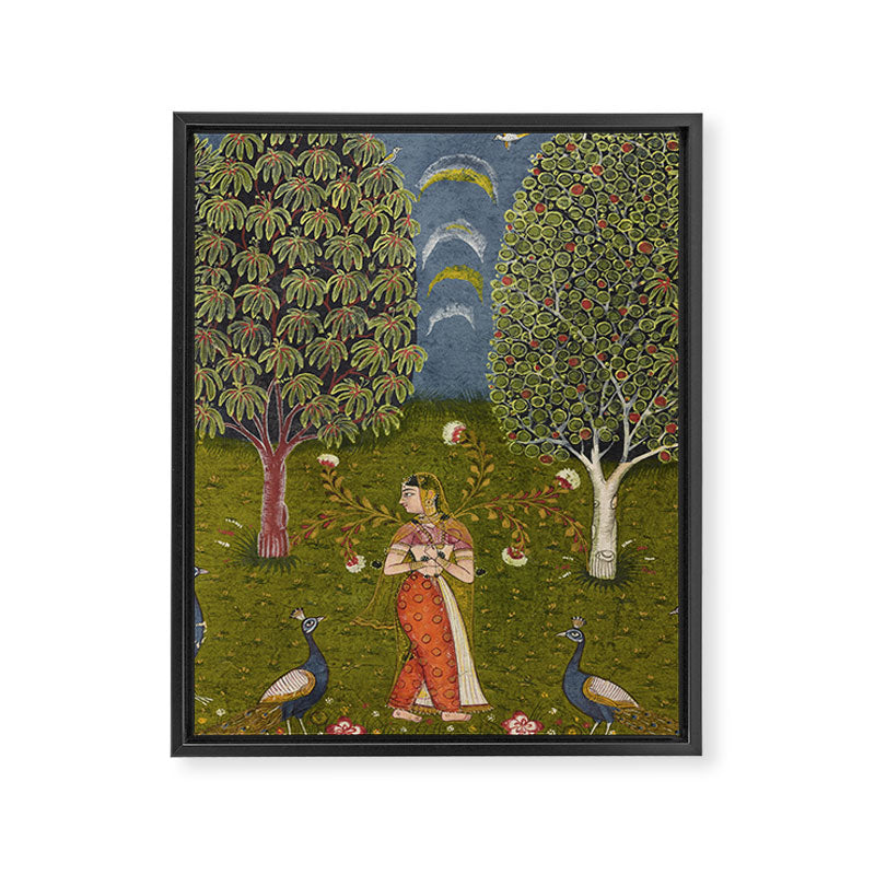 Indian Miniature Painted Illustration Princess In the Peacock Garden Floral Pose Framed Canvas Print Gallery Image 8