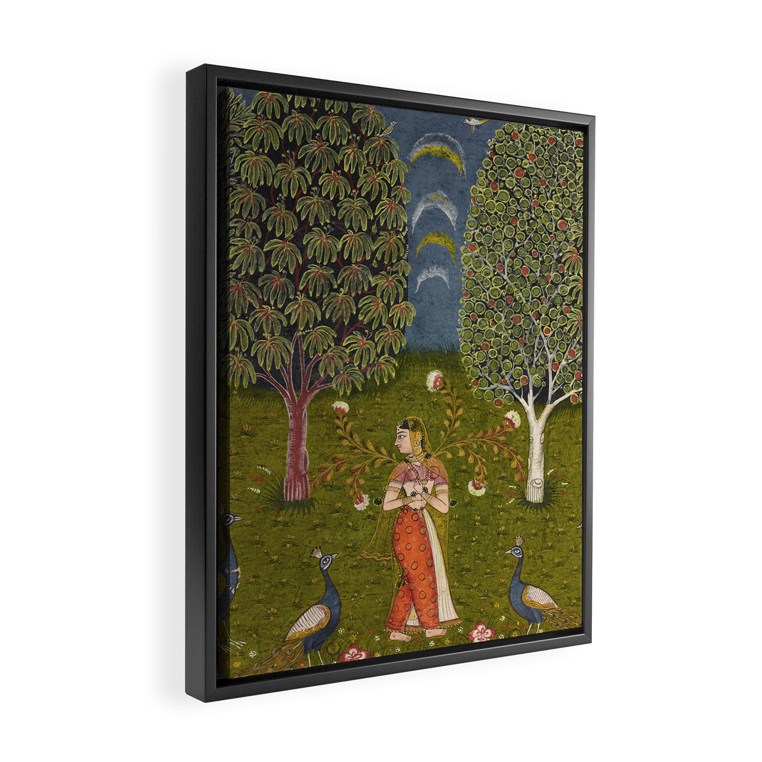 Indian Miniature Painted Illustration Princess In the Peacock Garden Floral Pose Framed Canvas Print Gallery Image 2