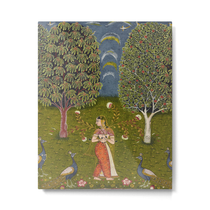 Indian Miniature Painted Illustration Princess In the Peacock Garden Floral Pose Metal Print Gallery Image 1