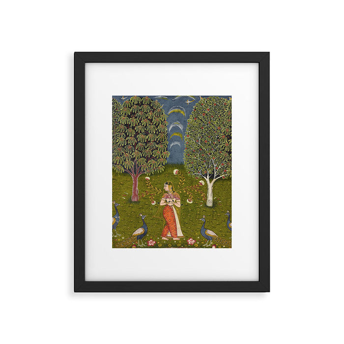Indian Miniature Painted Illustration Princess In the Peacock Garden Floral Pose Framed Art Print Gallery Image 1