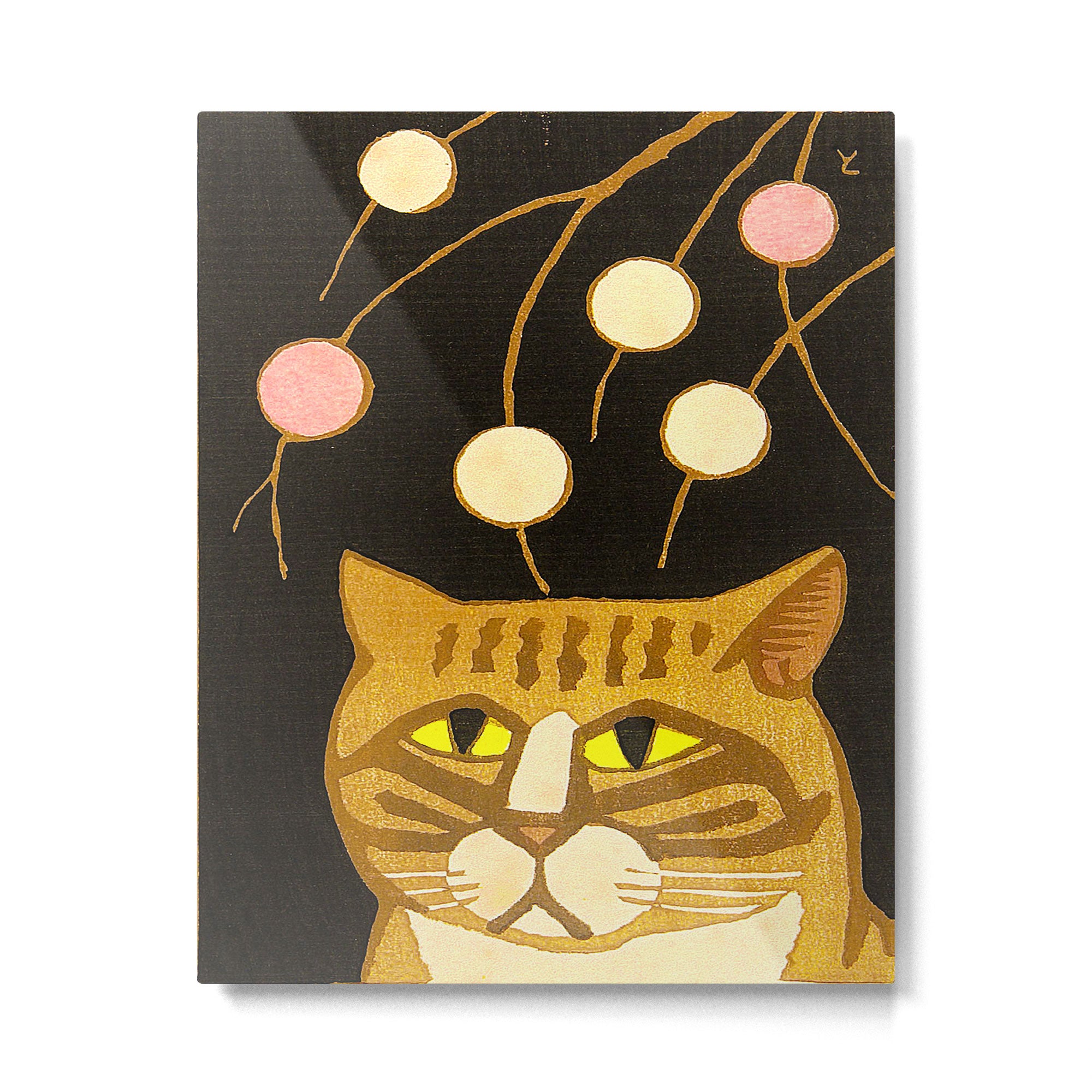 Japanese Cat Cubism Woodblock Print Cherry Blossom Midcentury Modern Metal Print Gallery Image 4