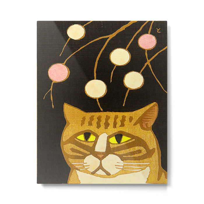 Japanese Cat Cubism Woodblock Print Cherry Blossom Midcentury Modern Metal Print Gallery Image 1