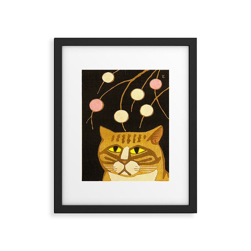 Japanese Cat Cubism Woodblock Print Cherry Blossom Midcentury Modern Framed Art Print Gallery Image 5