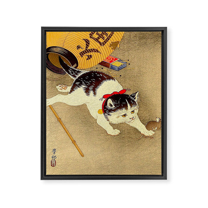 Japanese Woodblock Print Cat Lantern Playful Vintage Art Framed Canvas Print Gallery Image 1