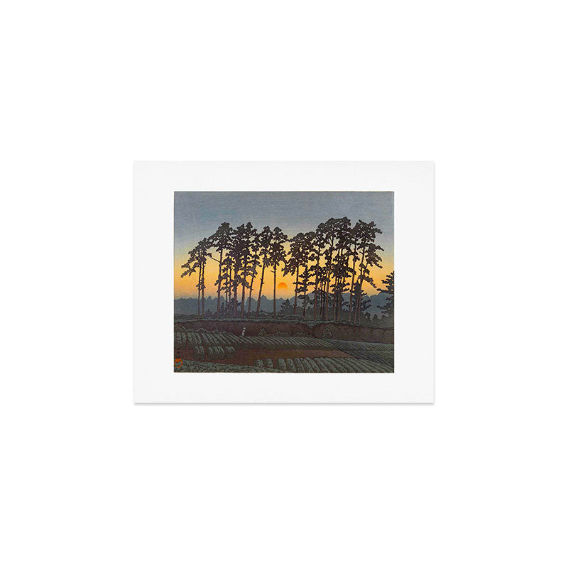 Japanese Woodblock Print Morning Sunrise Farm Tree Silhouette Art Print Gallery Image 1