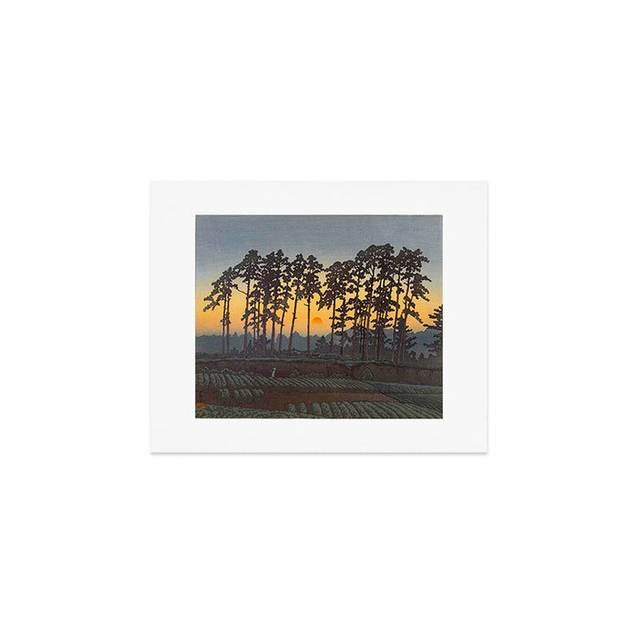 Japanese Woodblock Print Morning Sunrise Farm Tree Silhouette Art Print Gallery Image 1