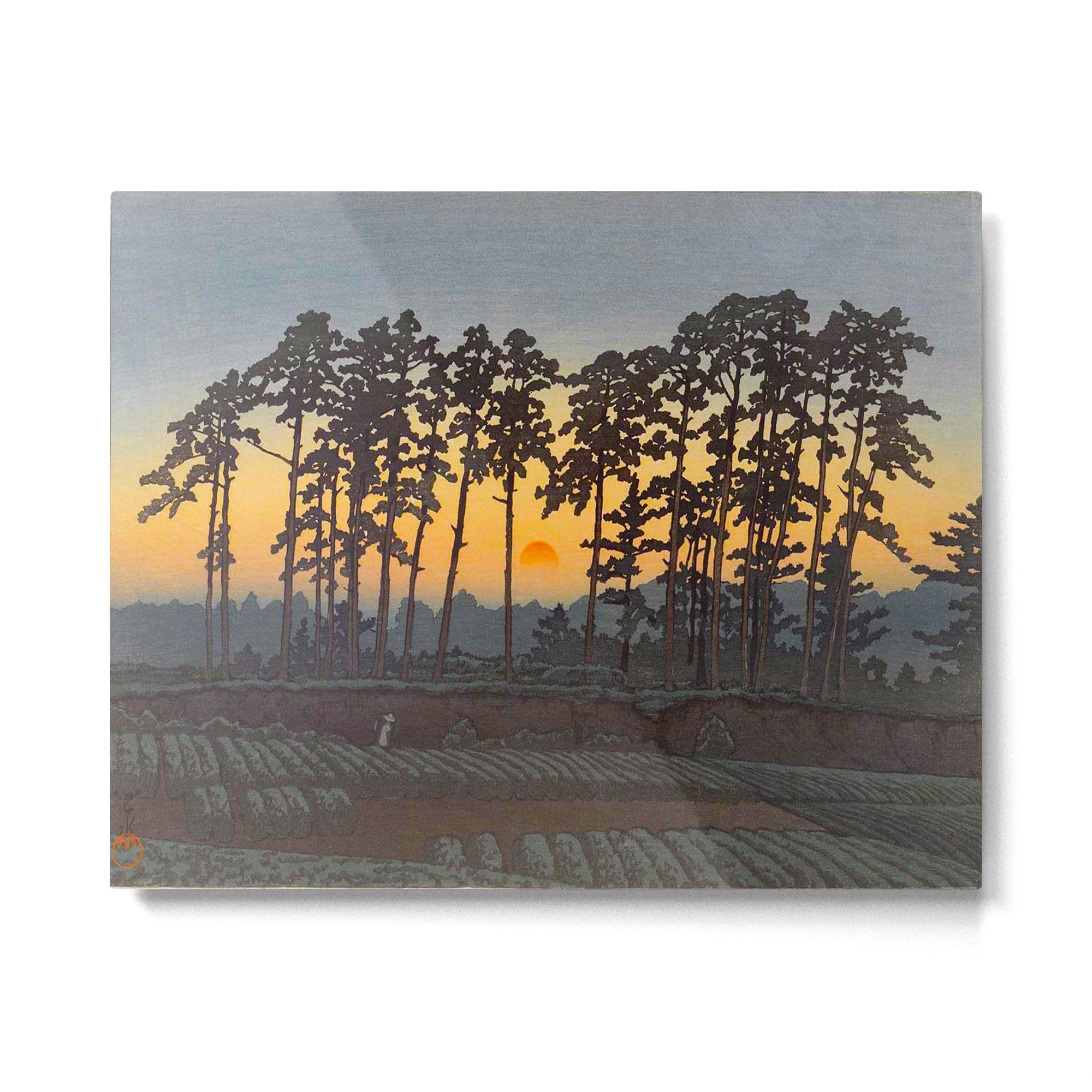 Japanese Woodblock Print Morning Sunrise Farm Tree Silhouette Metal Print Gallery Image 4