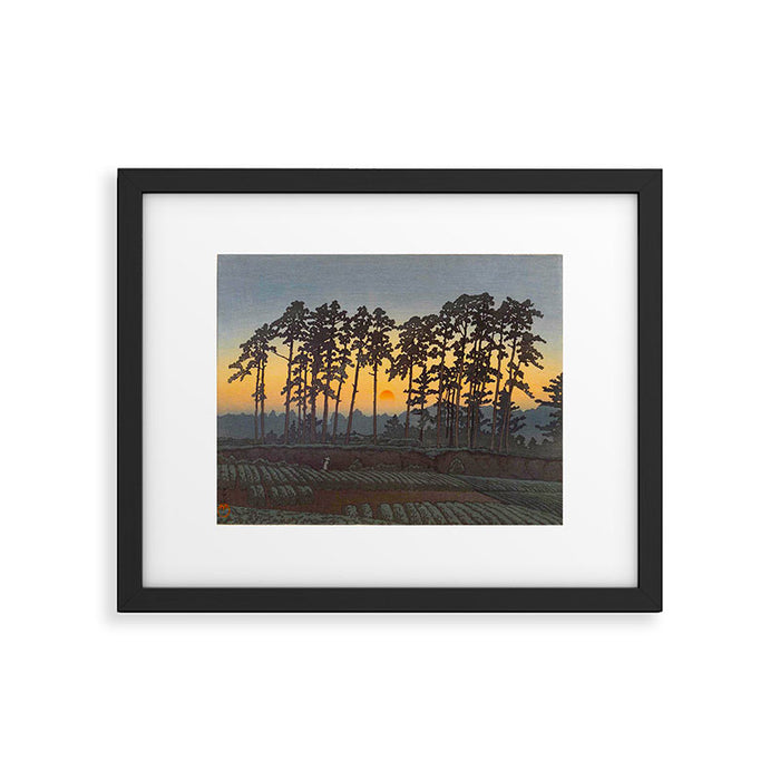 Japanese Woodblock Print Morning Sunrise Farm Tree Silhouette Framed Art Print Gallery Image 1