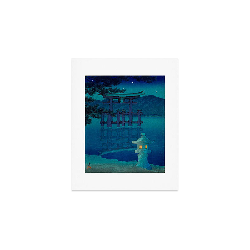Japanese Woodblock print Torii In The Lake During Night Blue Monochromatic Art Print Gallery Image 1