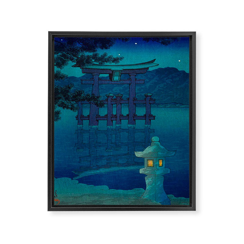 Japanese Woodblock print Torii In The Lake During Night Blue Monochromatic Framed Canvas Print Gallery Image 6