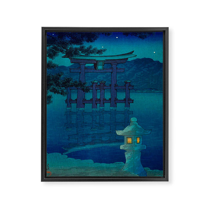 Japanese Woodblock print Torii In The Lake During Night Blue Monochromatic Framed Canvas Print Gallery Image 1
