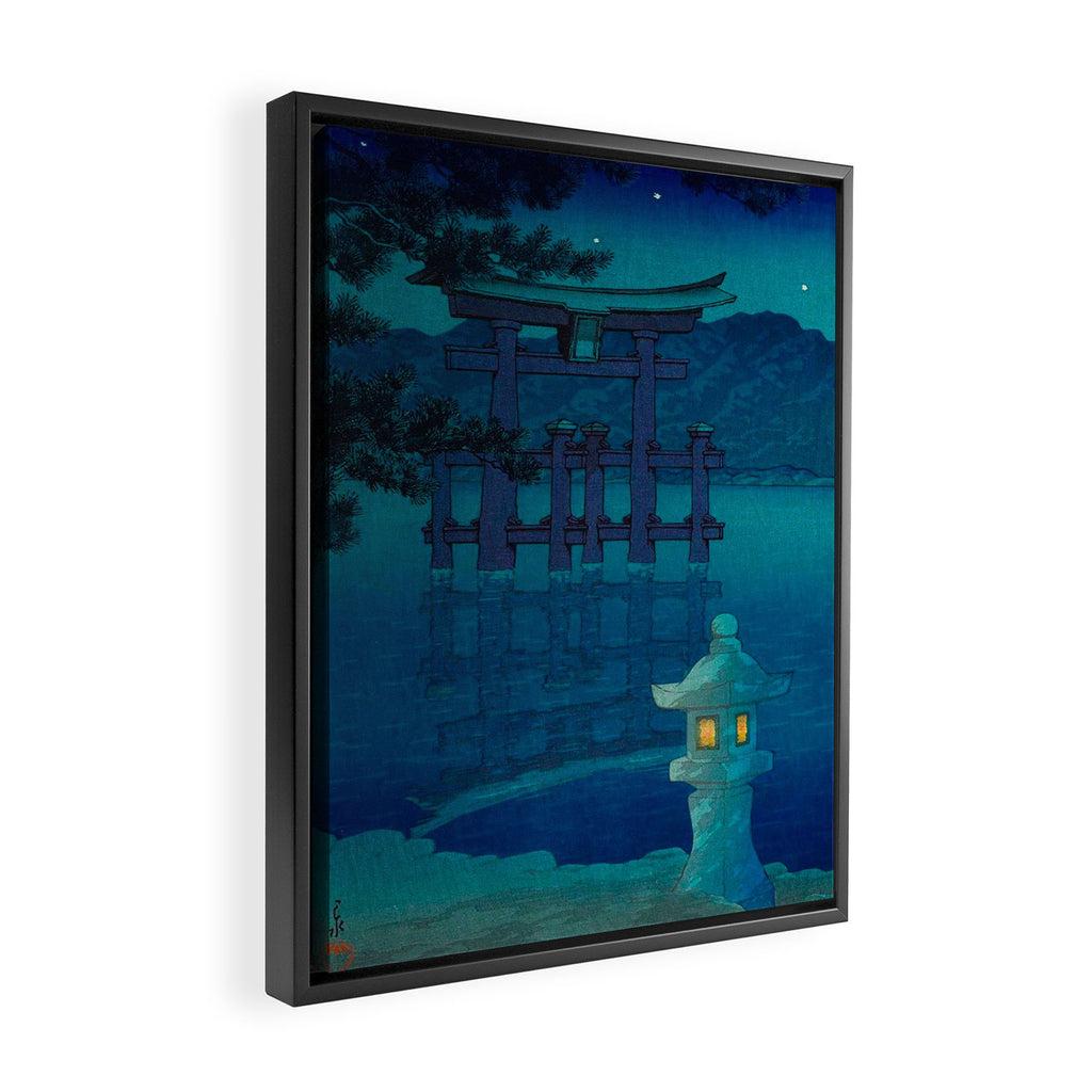 Japanese Woodblock print Torii In The Lake During Night Blue Monochromatic Framed Canvas Print Gallery Image 2