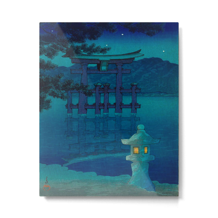 Japanese Woodblock print Torii In The Lake During Night Blue Monochromatic Metal Print Gallery Image 1