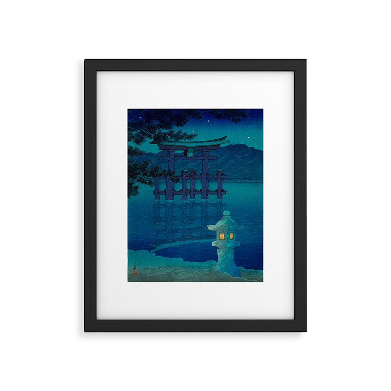 Japanese Woodblock print Torii In The Lake During Night Blue Monochromatic Framed Art Print Gallery Image 5