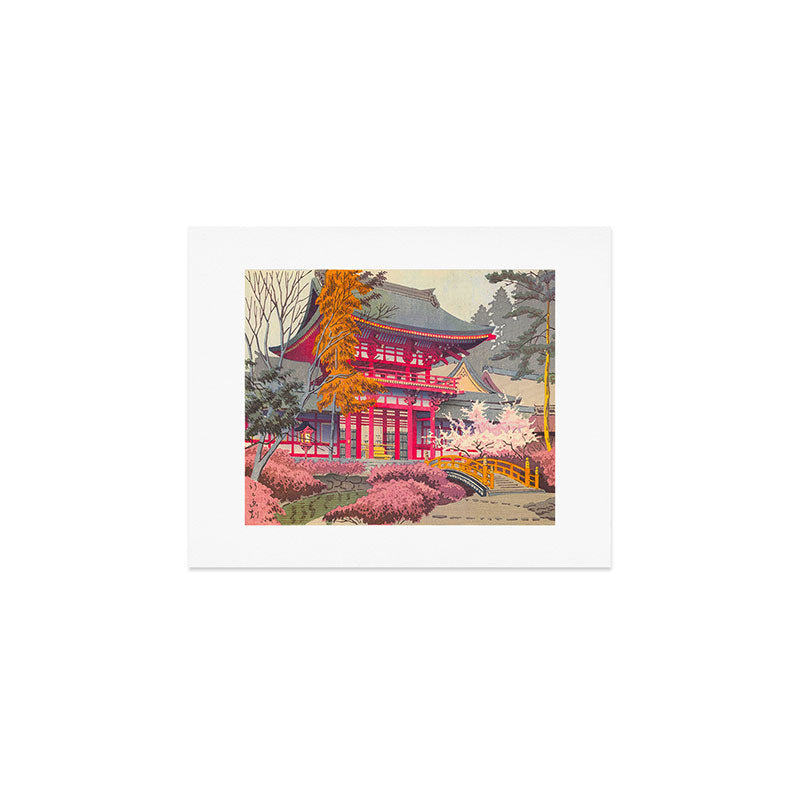 Japanese Woodblock Print Vintage Bright East Asian Red Pagoda Spring Garden Art Print Gallery Image 1