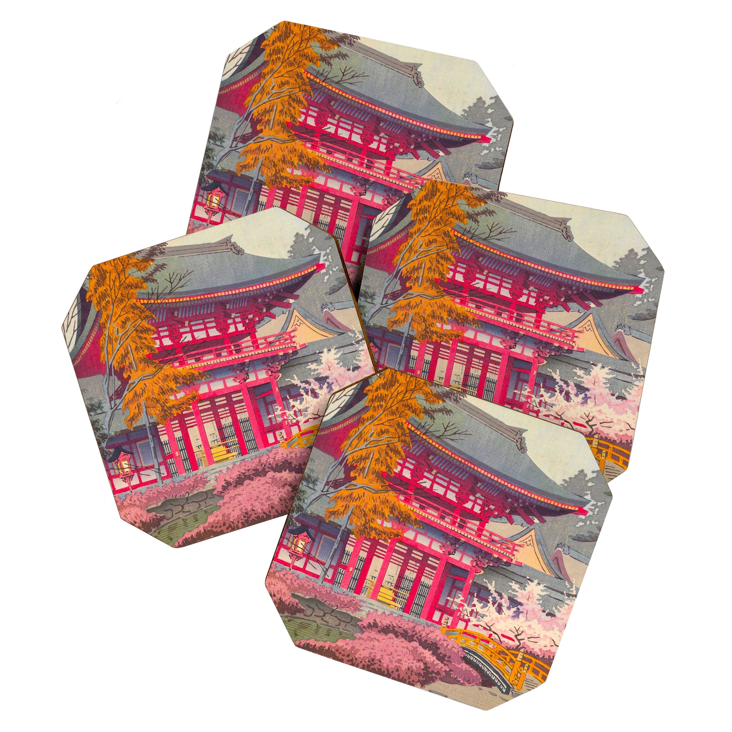 Japanese Woodblock Print Vintage Bright East Asian Red Pagoda Spring Garden Coaster Gallery Image 1