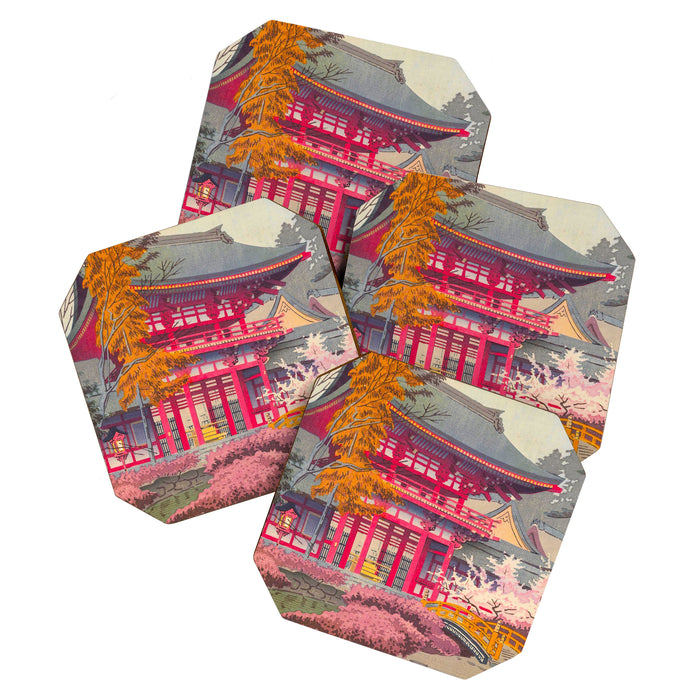 Japanese Woodblock Print Vintage Bright East Asian Red Pagoda Spring Garden Coaster Gallery Image 1