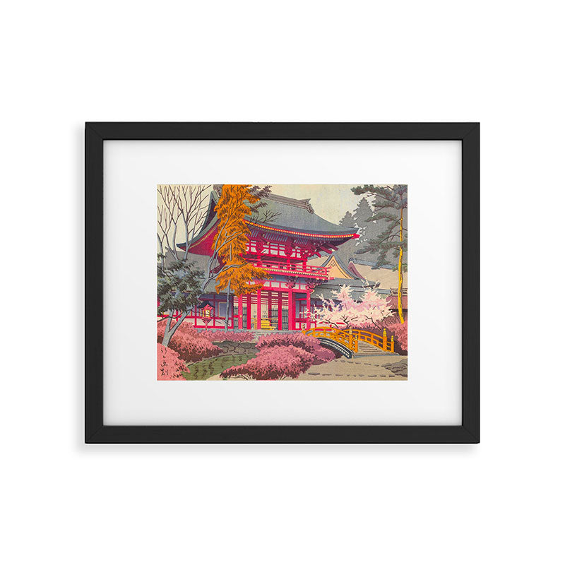 Japanese Woodblock Print Vintage Bright East Asian Red Pagoda Spring Garden Framed Art Print Gallery Image 4