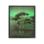 Kawase Hasui Vintage Japanese Woodblock Print Glowing Green Neon Sky Over A Zen Garden Shrine Framed Canvas Print Gallery Image 6