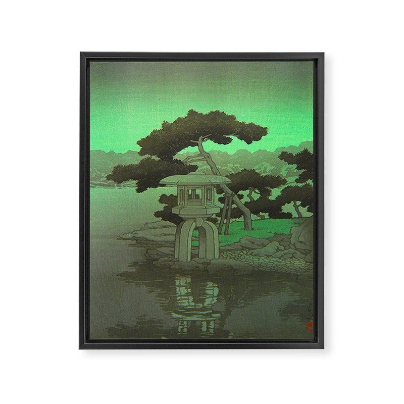 Kawase Hasui Vintage Japanese Woodblock Print Glowing Green Neon Sky Over A Zen Garden Shrine Framed Canvas Print Gallery Image 6