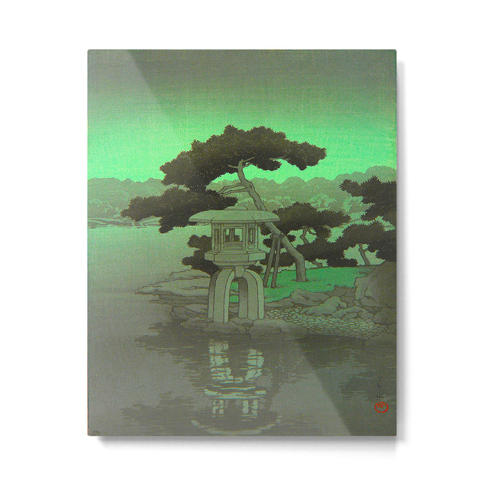 Kawase Hasui Vintage Japanese Woodblock Print Glowing Green Neon Sky Over A Zen Garden Shrine Metal Print Gallery Image 1