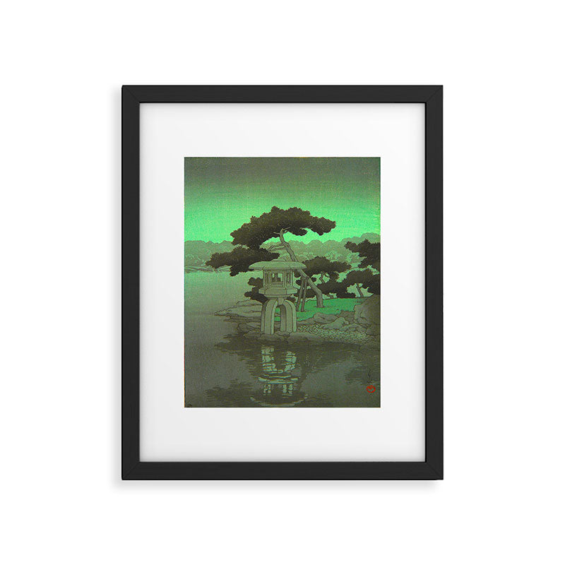 Kawase Hasui Vintage Japanese Woodblock Print Glowing Green Neon Sky Over A Zen Garden Shrine Framed Art Print Gallery Image 4