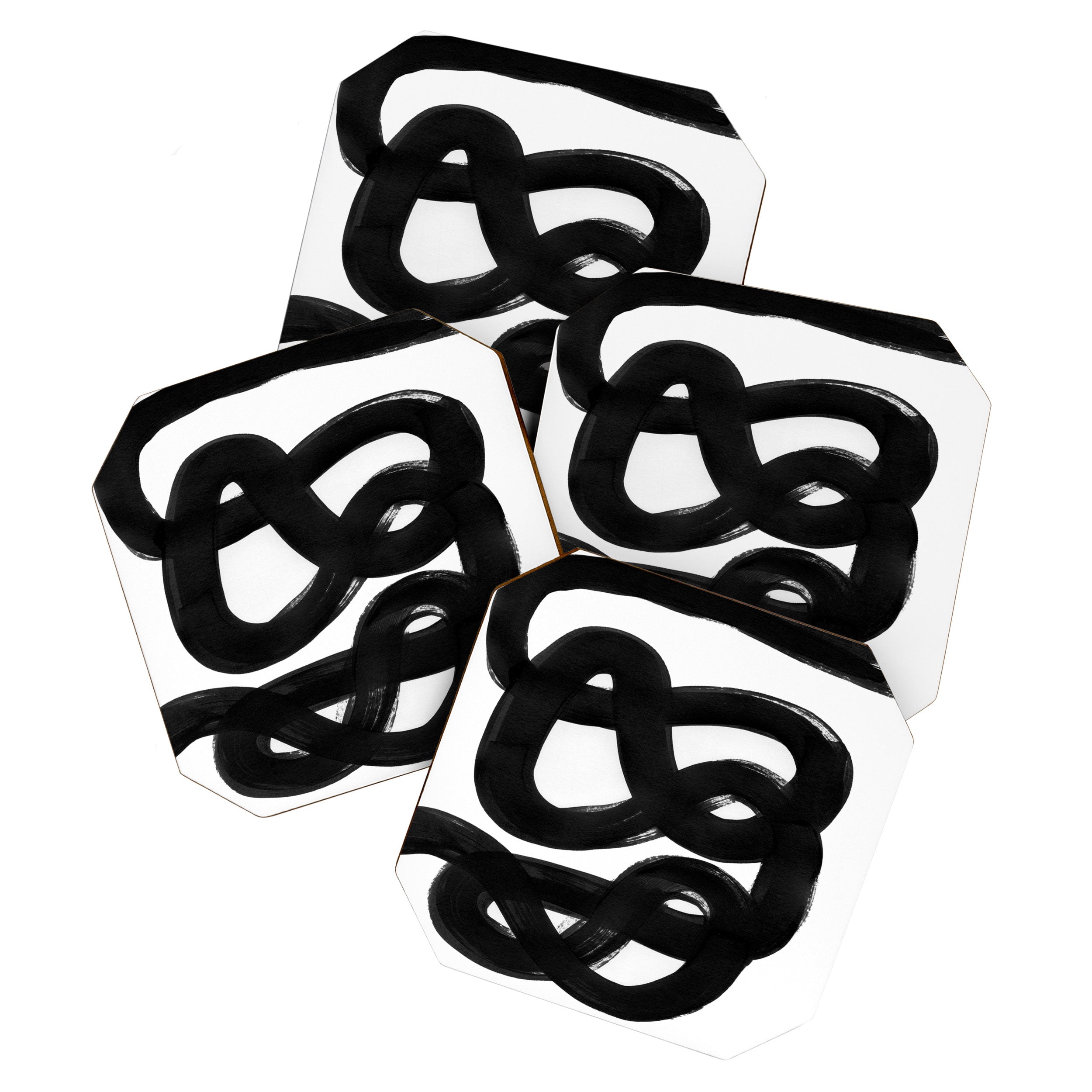Knots Black & White Minimalist Ink Tribal Mid Century Pattern Dark Painting Pattern Coaster Gallery Image 1