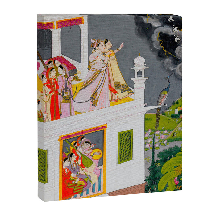 Lovers Watching an Approaching Thunderstorm, Indian Miniature Painting  Canvas Print Gallery Image 1