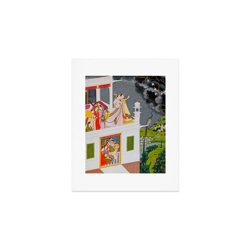 Lovers Watching an Approaching Thunderstorm, Indian Miniature Painting  Art Print Gallery Image 1