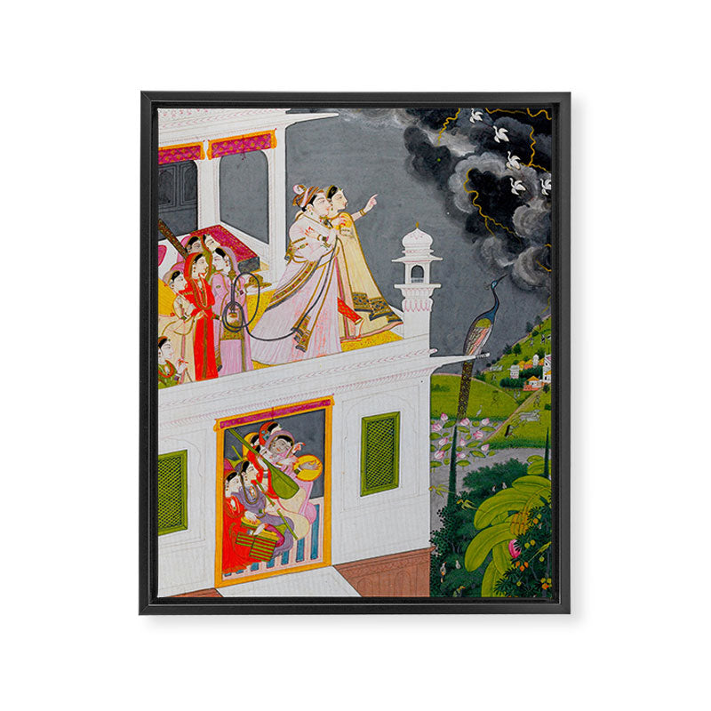 Lovers Watching an Approaching Thunderstorm, Indian Miniature Painting  Framed Canvas Print Gallery Image 6