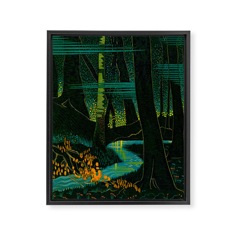 Magical Dark Fantasy Forest Woodblock Framed Canvas Print Gallery Image 6
