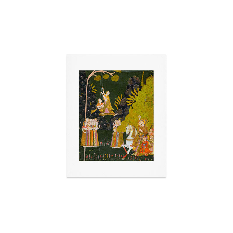 Maharaja Abhai Singh of Marwar (reigned 1724-49), Equestrian, Watching Girls Swinging at the Teej Festival Indian Miniature Painting  Art Print Gallery Image 1