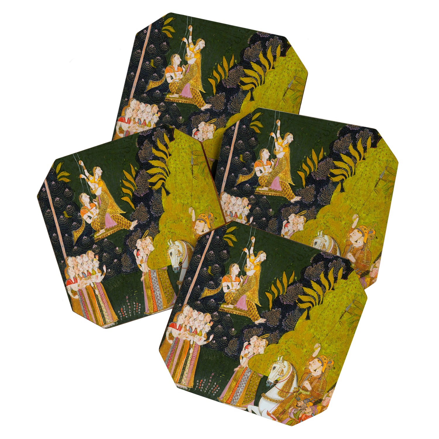 Maharaja Abhai Singh of Marwar (reigned 1724-49), Equestrian, Watching Girls Swinging at the Teej Festival Indian Miniature Painting  Coaster Gallery Image 1