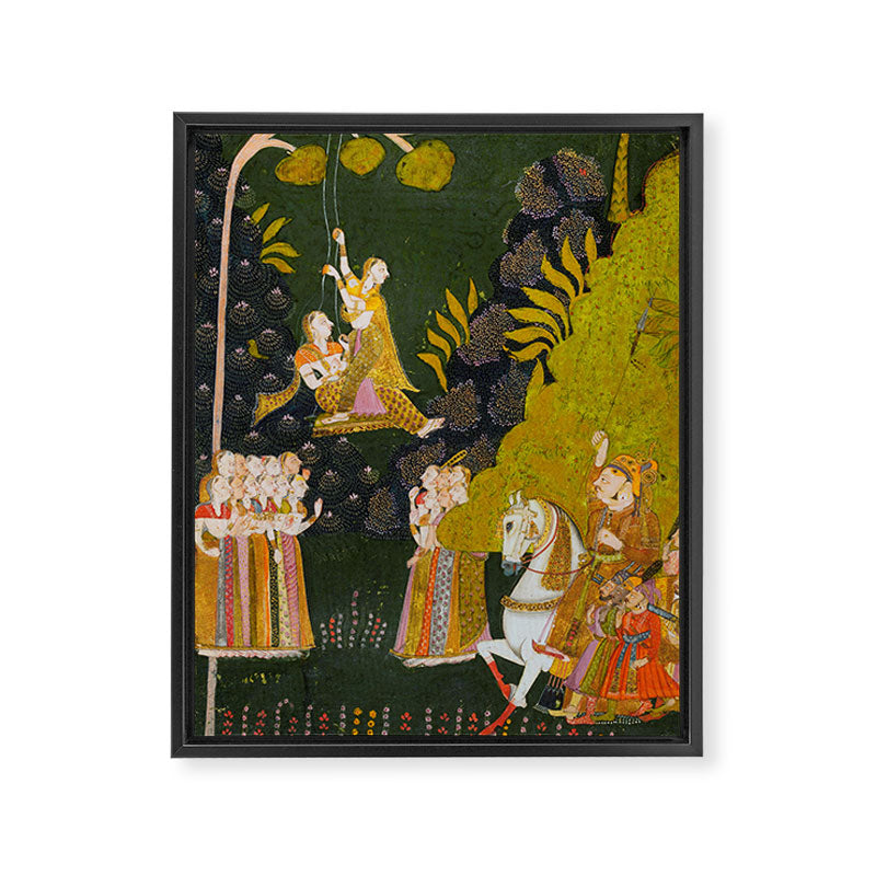 Maharaja Abhai Singh of Marwar (reigned 1724-49), Equestrian, Watching Girls Swinging at the Teej Festival Indian Miniature Painting  Framed Canvas Print Gallery Image 6
