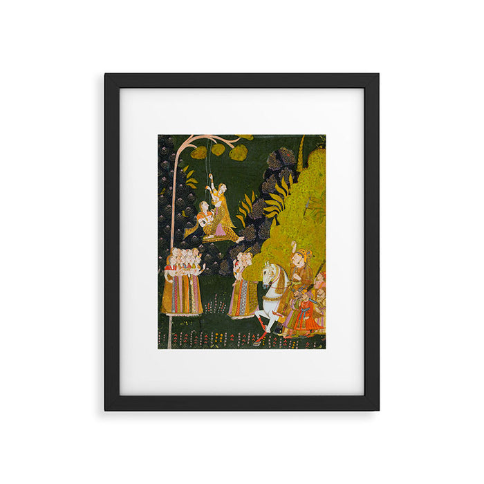 Maharaja Abhai Singh of Marwar (reigned 1724-49), Equestrian, Watching Girls Swinging at the Teej Festival Indian Miniature Painting  Framed Art Print Gallery Image 1