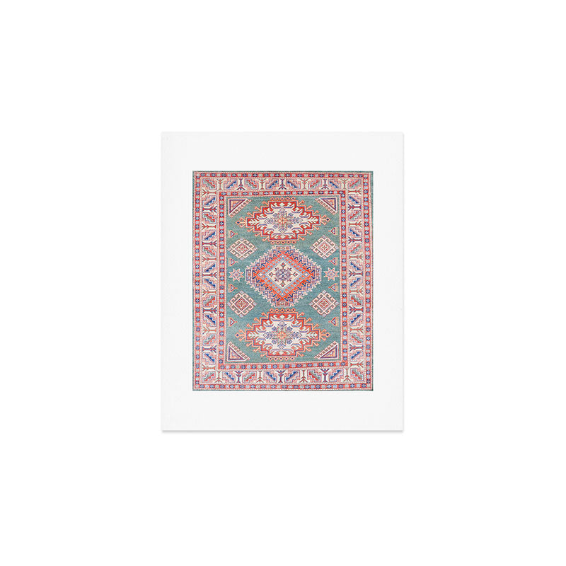 Marine Green Spiral Star Kazak Handmade Persian Rug Art Print Gallery Image 1