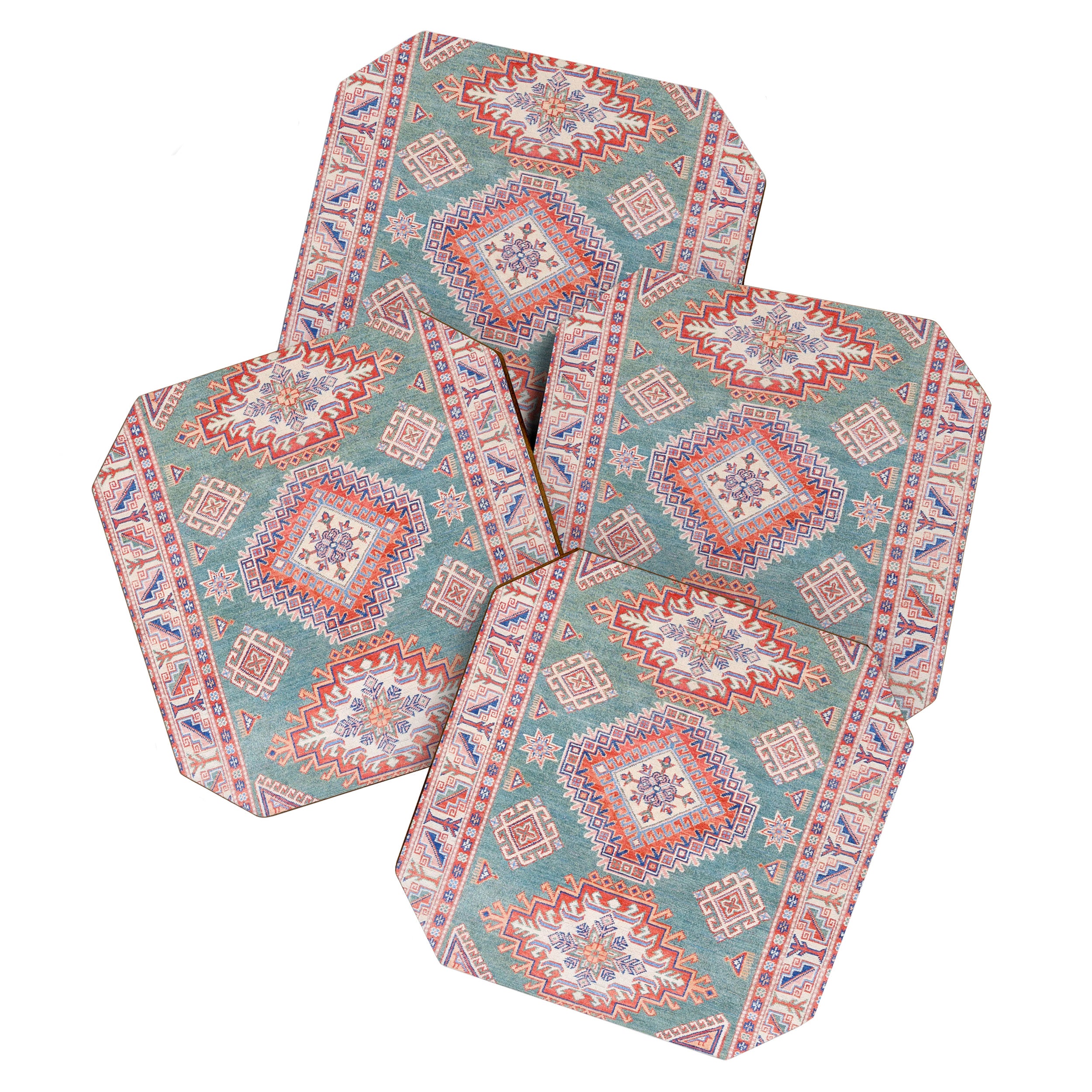 Marine Green Spiral Star Kazak Handmade Persian Rug Coaster Gallery Image 1