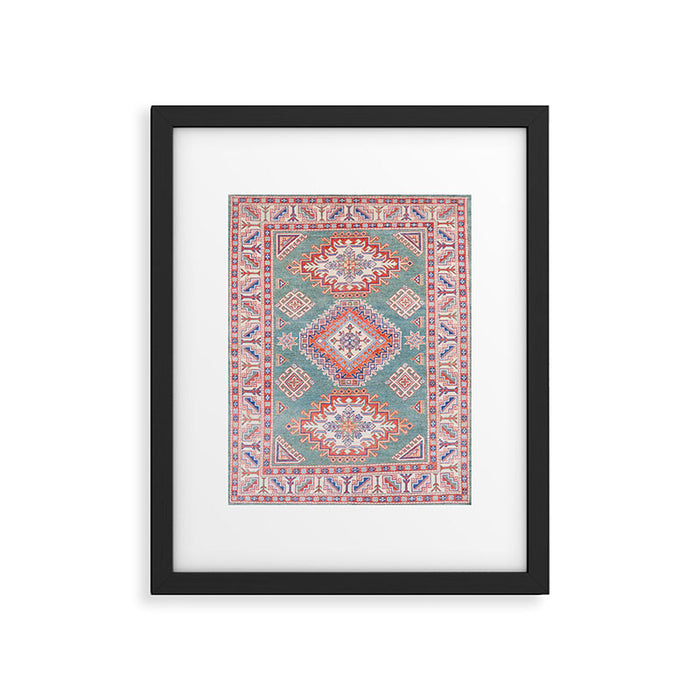 Marine Green Spiral Star Kazak Handmade Persian Rug Framed Art Print Gallery Image 1