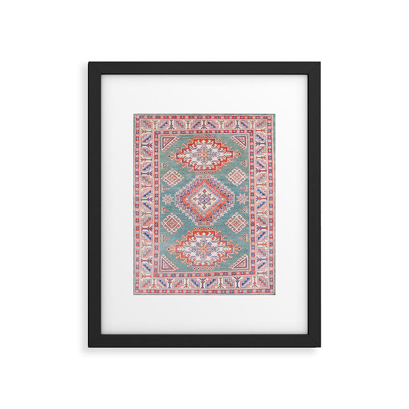 Marine Green Spiral Star Kazak Handmade Persian Rug Framed Art Print Gallery Image 5