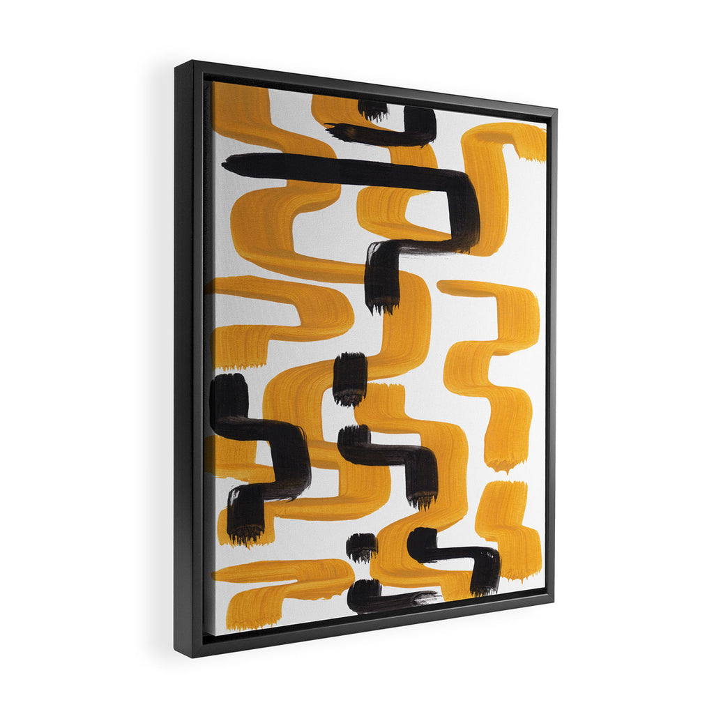 Mid Century Abstract Black & Yellow Fun Pattern 70's Mustard Ripples Lines Retro Style Framed Canvas Print Gallery Image 2