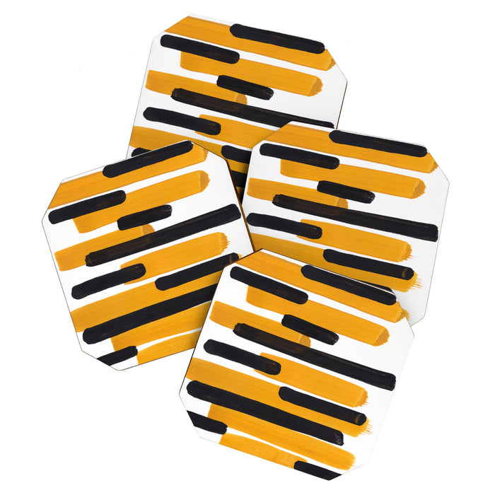 Mid Century Abstract Black & Yellow Fun Pattern Mustard Striped Primitive Stripes Coaster Gallery Image 1