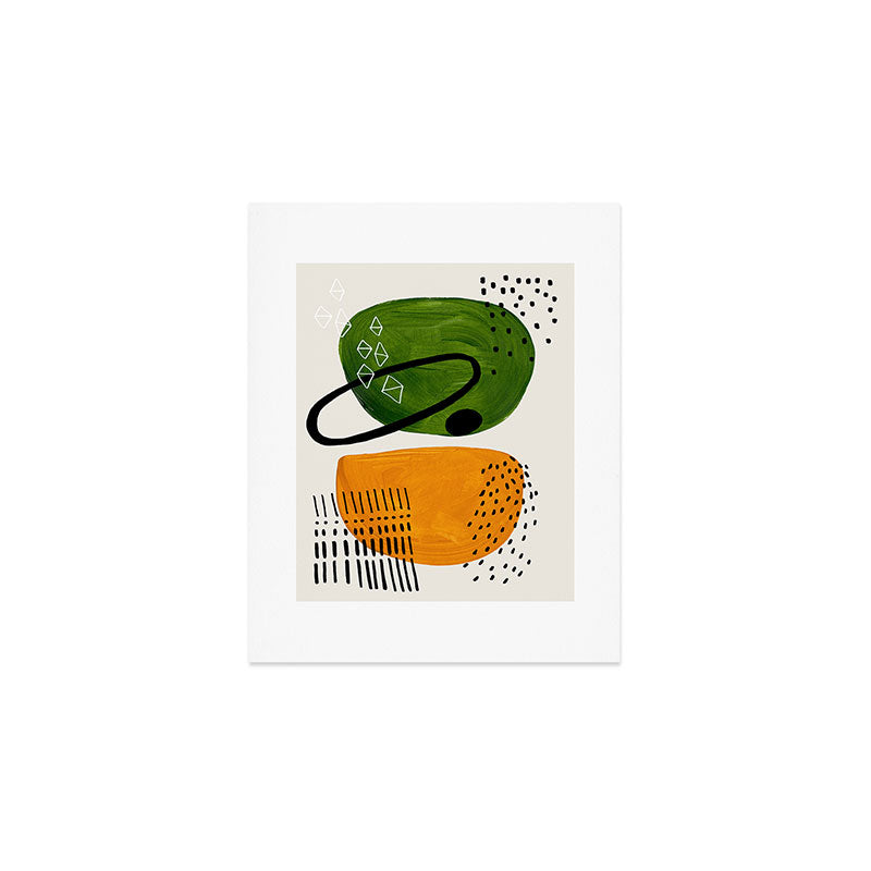 Mid Century Modern Abstract Colorful Art Patterns Olive Green Yellow Ochre Orbit Geometric Objects Art Print Gallery Image 1