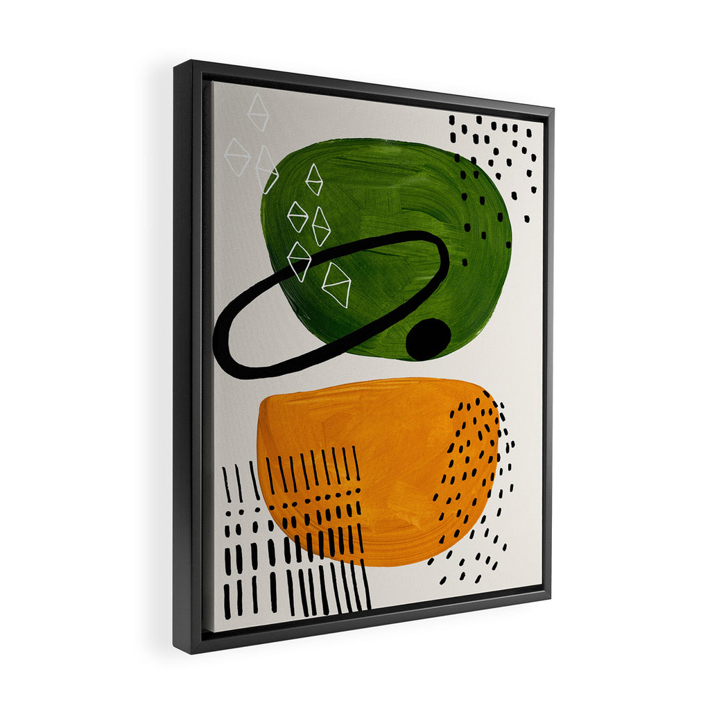 Mid Century Modern Abstract Colorful Art Patterns Olive Green Yellow Ochre Orbit Geometric Objects Framed Canvas Print Gallery Image 2