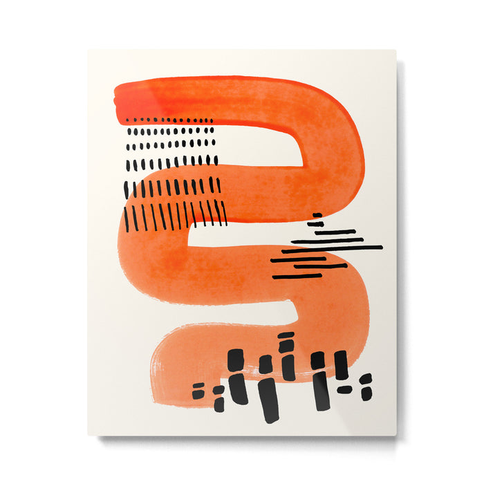 Mid Century Modern abstract Minimalist Fun Colorful Shapes Patterns Orange Watercolor Wiggle Stroke Metal Print Gallery Image 1