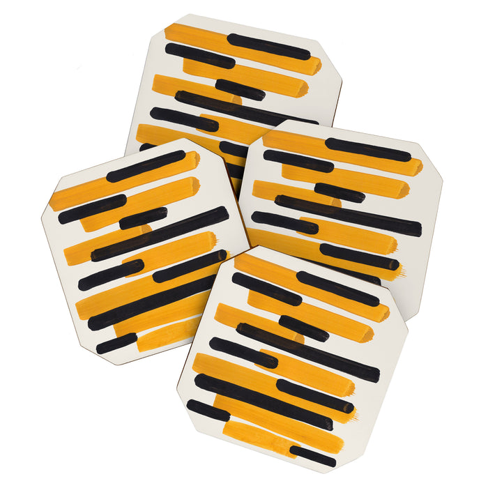 Mid Century Modern Abstract Painting Antique Yellow Black Bumble Bee Stripes Coaster Gallery Image 1