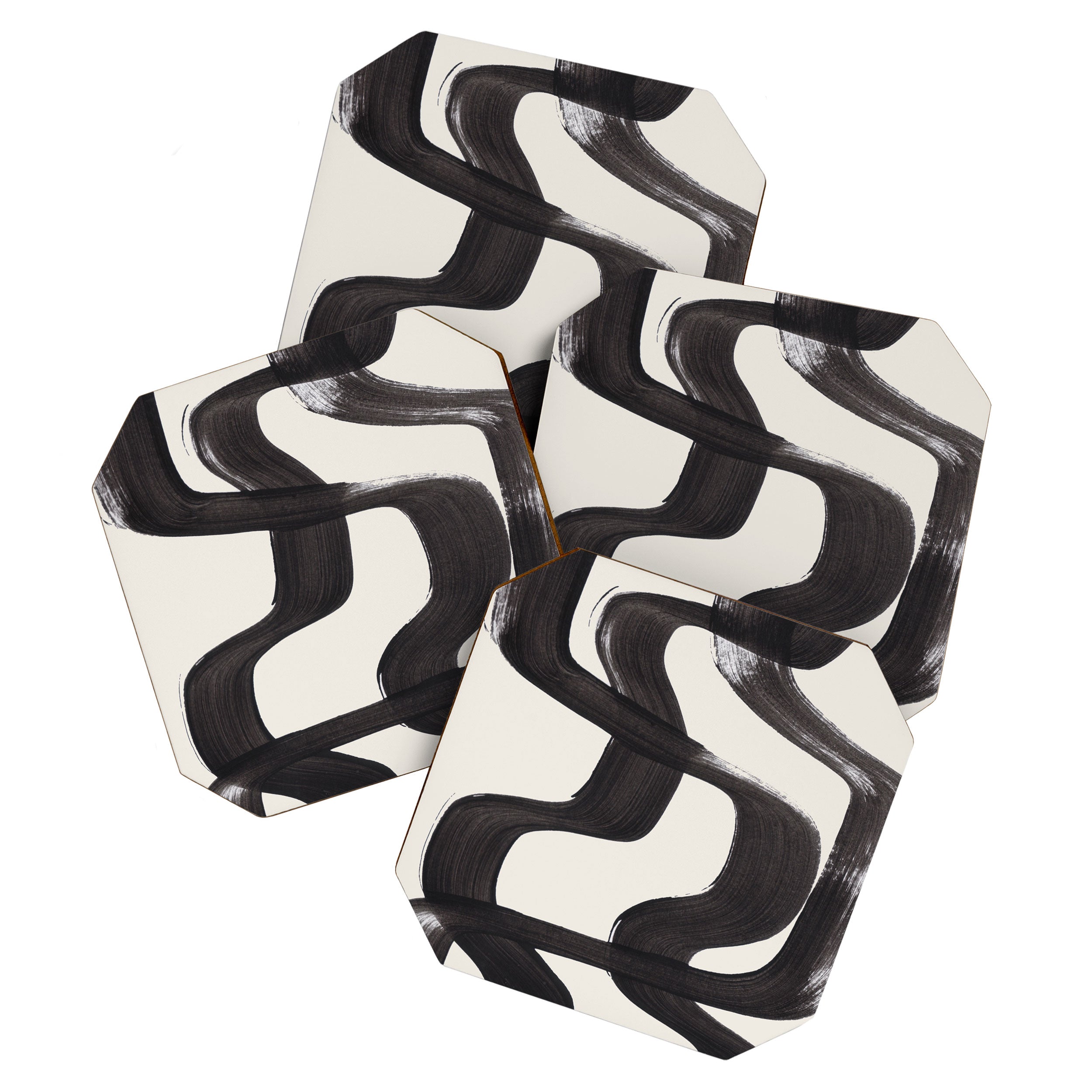 Mid Century Modern Minimalist Abstract Art Brush Strokes Black & White Ink Art Ripple Lines Coaster Gallery Image 1