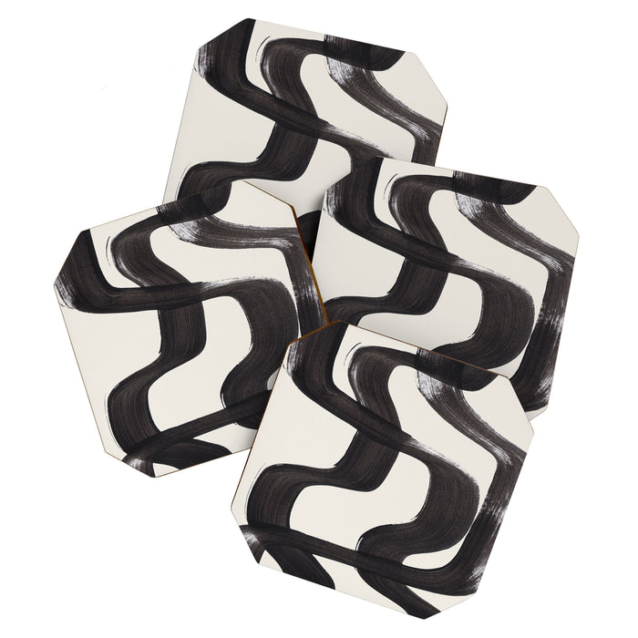 Mid Century Modern Minimalist Abstract Art Brush Strokes Black & White Ink Art Ripple Lines Coaster Gallery Image 1